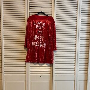 Red Sequin Dress with Bold Text